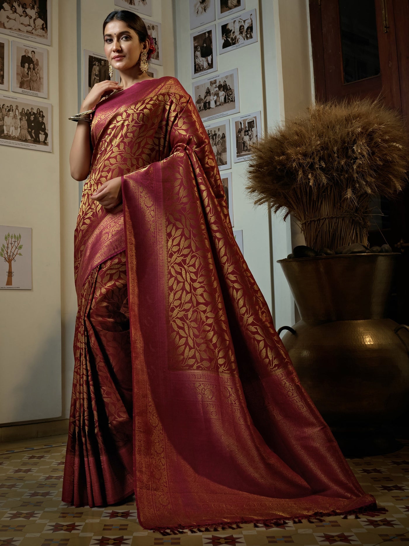 Garnet Red Golden Zari Kanjeevaram Silk Saree