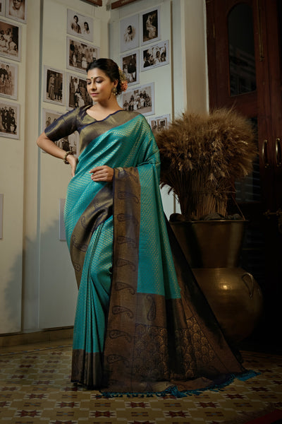 Turquoise Blue Golden Zari Kanjeevaram Silk Saree