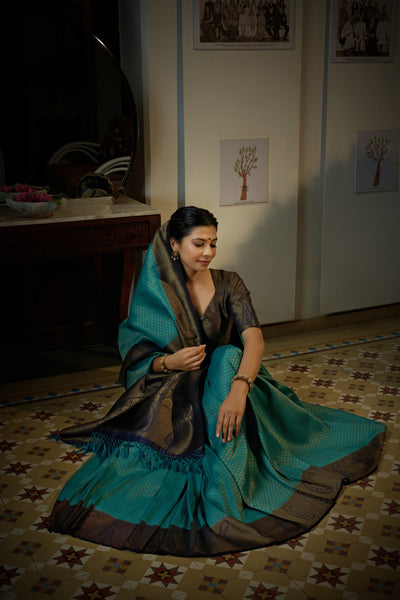 Turquoise Blue Golden Zari Kanjeevaram Silk Saree