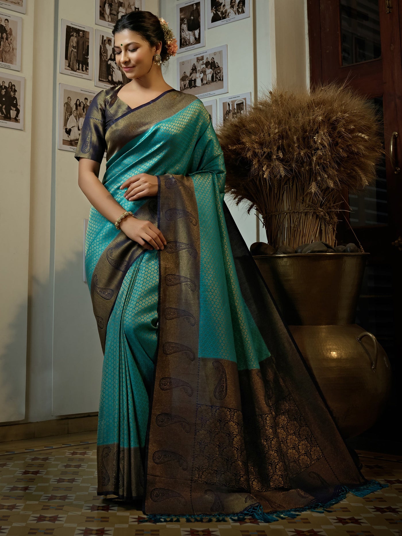 Turquoise Blue Golden Zari Kanjeevaram Silk Saree