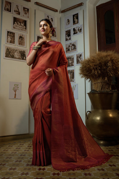 Burnt Orange Golden Zari Kanjeevaram Silk Saree - House of Vardha