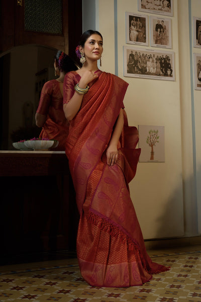 Burnt Orange Golden Zari Kanjeevaram Silk Saree - House of Vardha