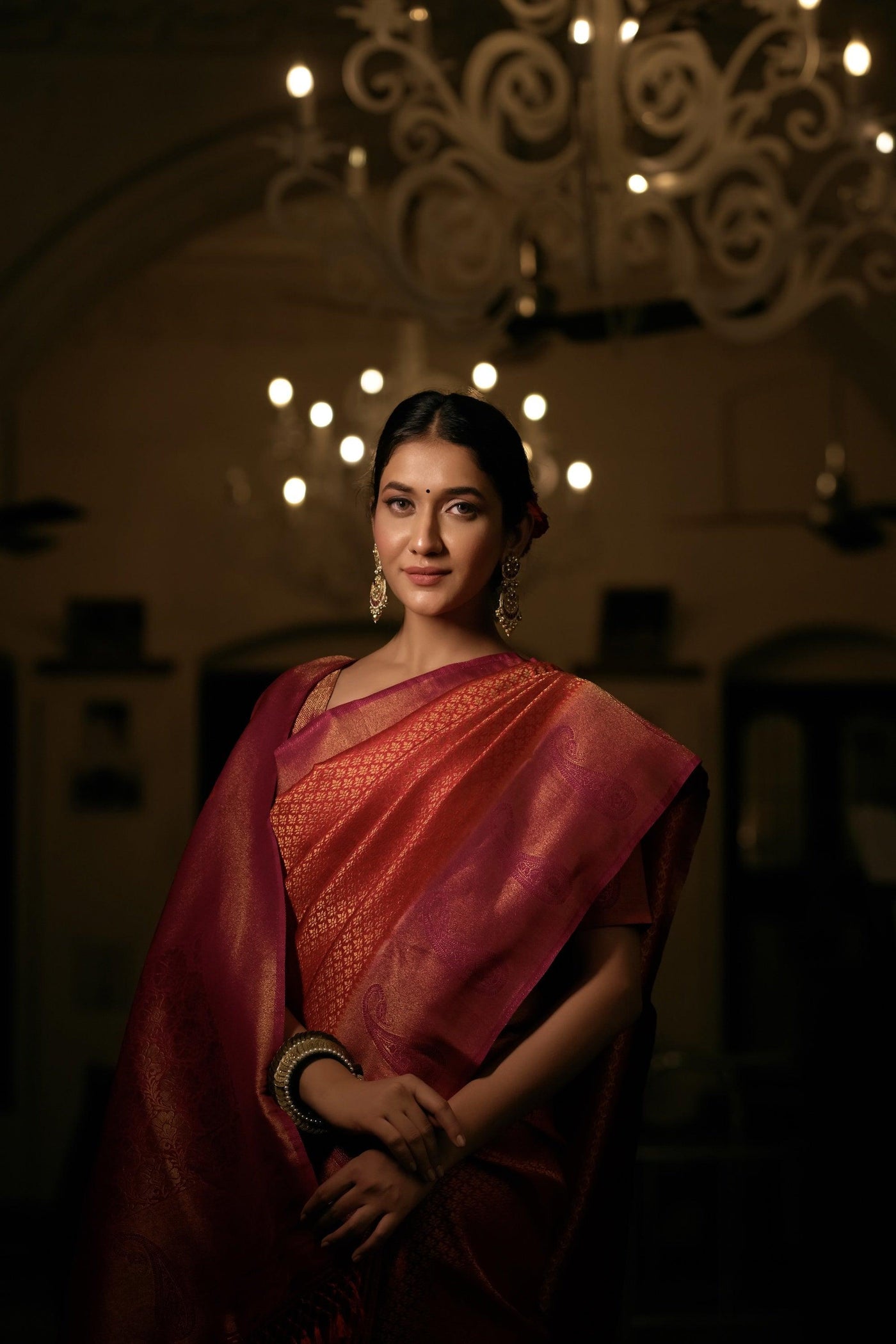 Burnt Orange Golden Zari Kanjeevaram Silk Saree - House of Vardha