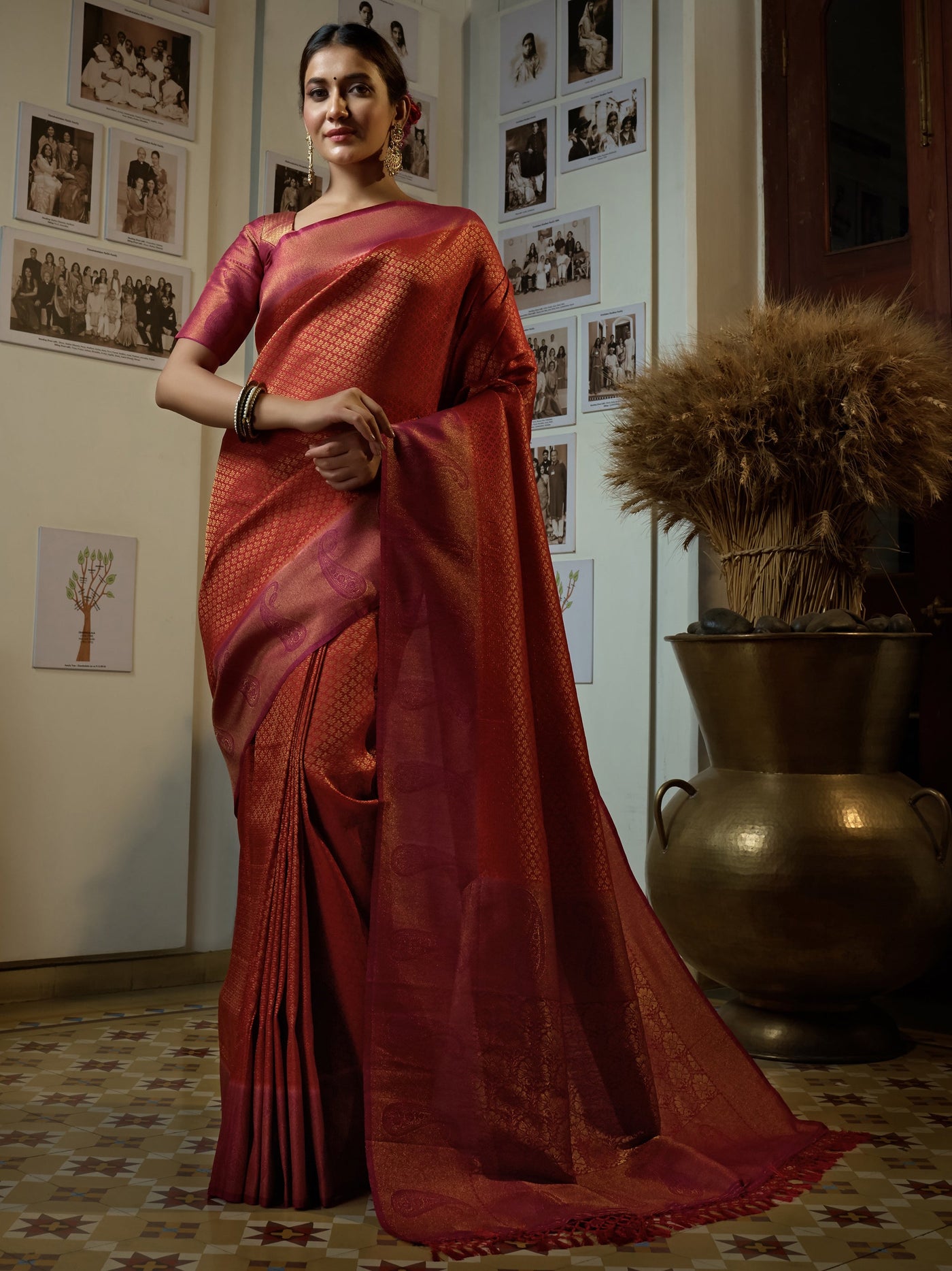 Burnt Orange Golden Zari Kanjeevaram Silk Saree - House of Vardha