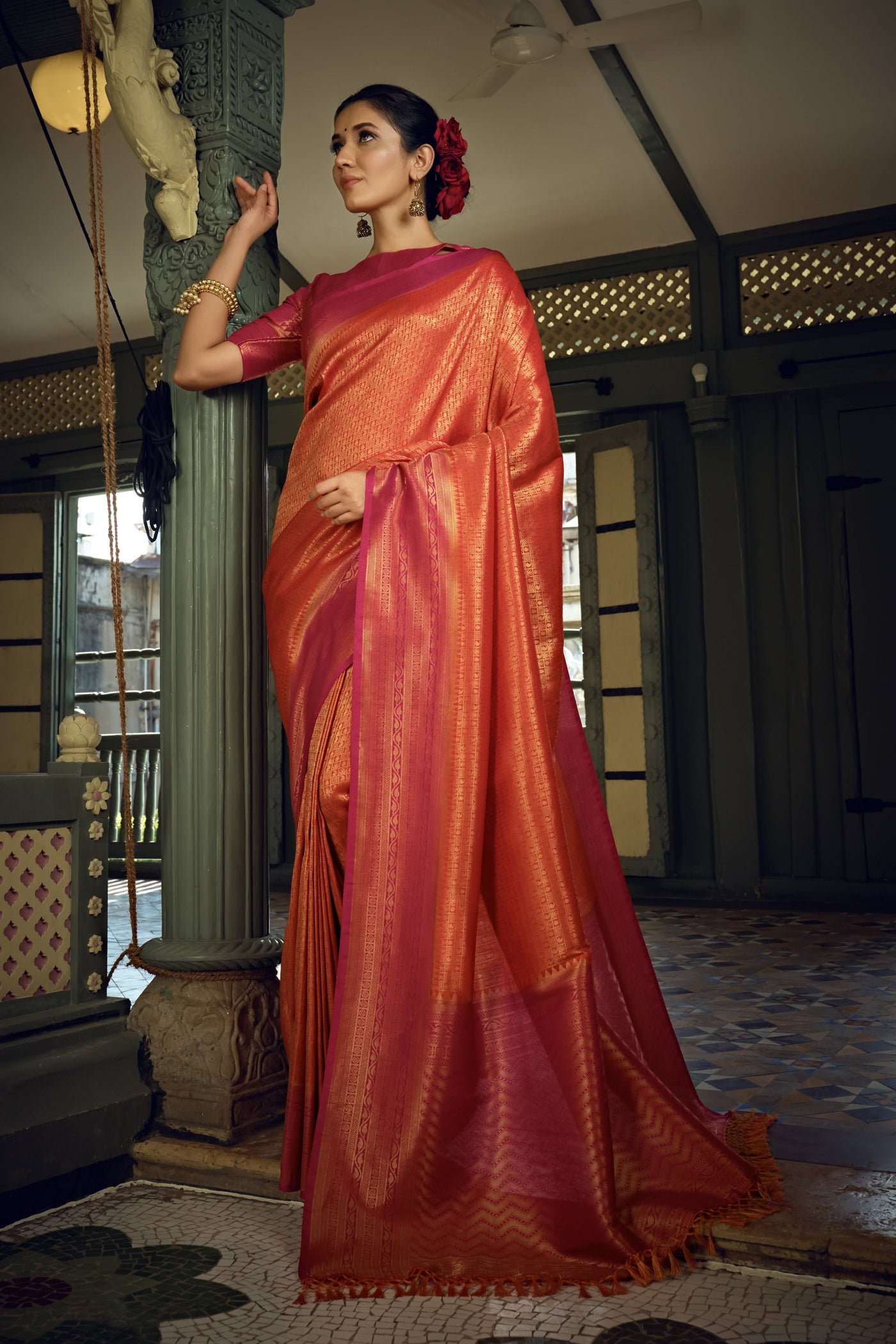 Sunset Orange Golden Zari Kanjeevaram Silk Saree