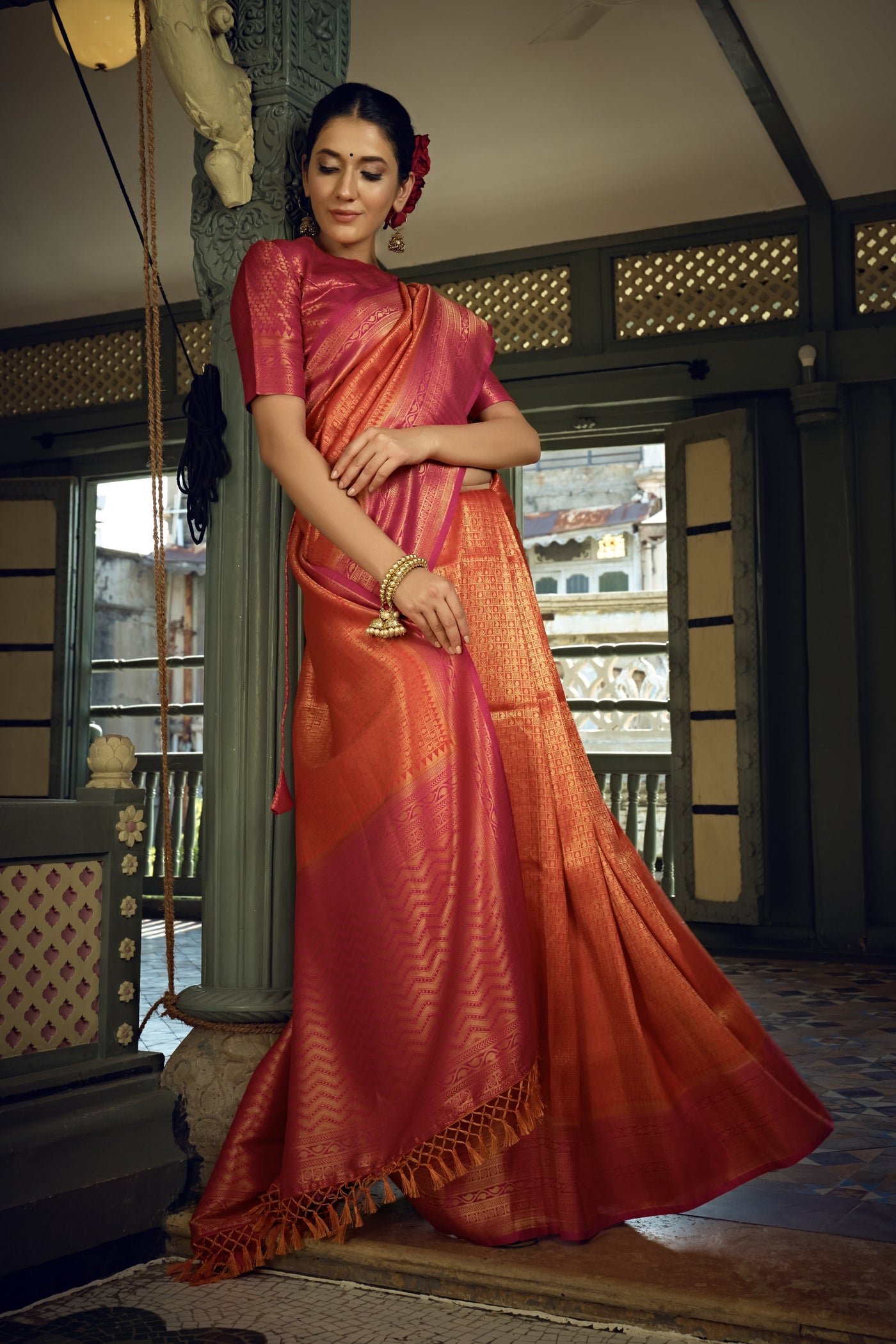 Sunset Orange Golden Zari Kanjeevaram Silk Saree