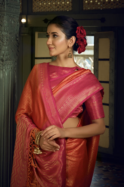 Sunset Orange Golden Zari Kanjeevaram Silk Saree