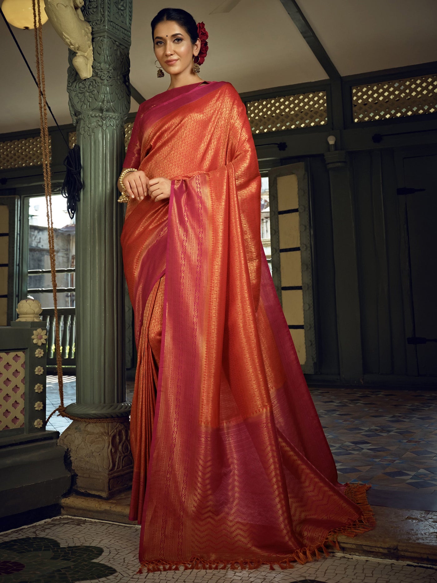 Sunset Orange Golden Zari Kanjeevaram Silk Saree