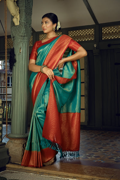 Turquoise Blue Golden Zari Kanjeevaram Silk Saree