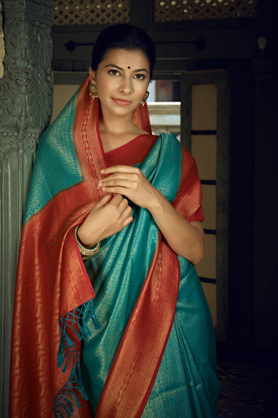 Turquoise Blue Golden Zari Kanjeevaram Silk Saree