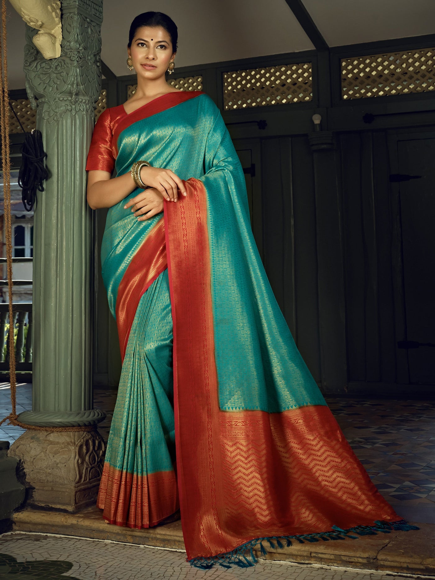 Turquoise Blue Golden Zari Kanjeevaram Silk Saree