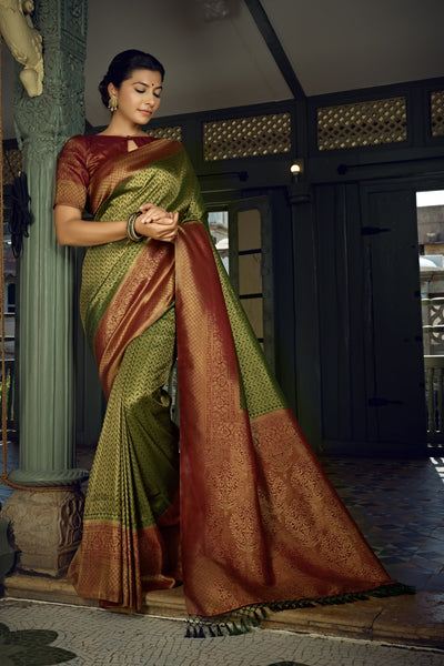 Emerald Green Golden Zari Kanjeevaram Silk Saree