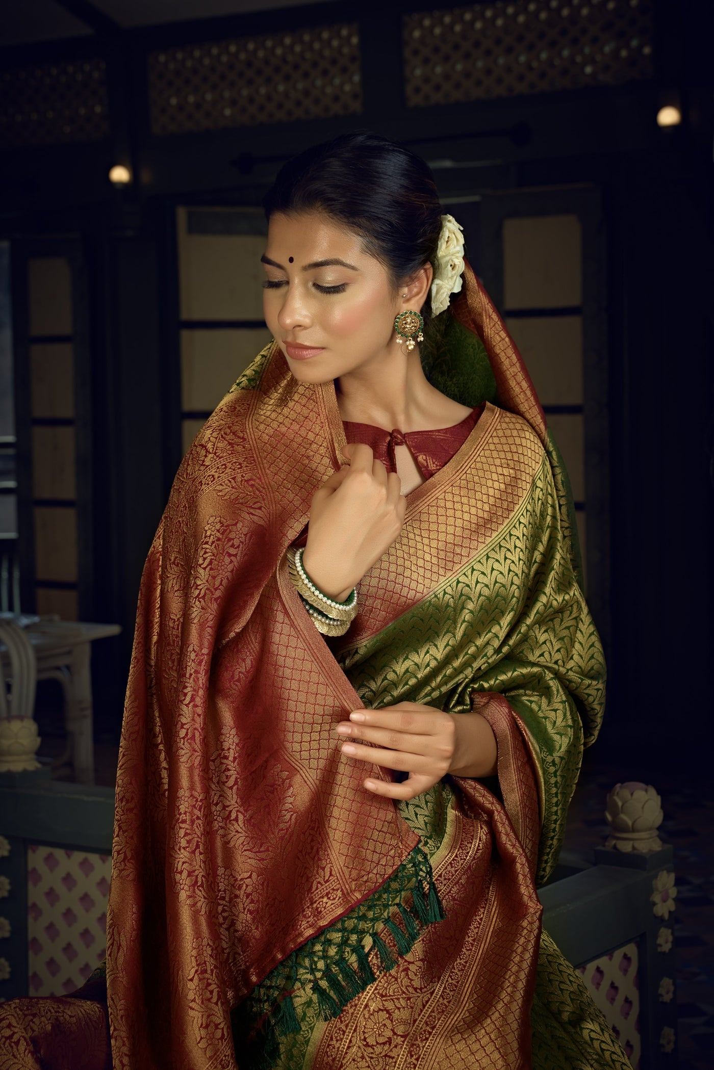 Emerald Green Golden Zari Kanjeevaram Silk Saree