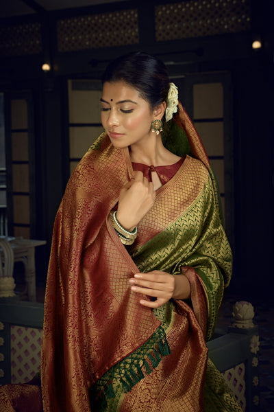Emerald Green Golden Zari Kanjeevaram Silk Saree