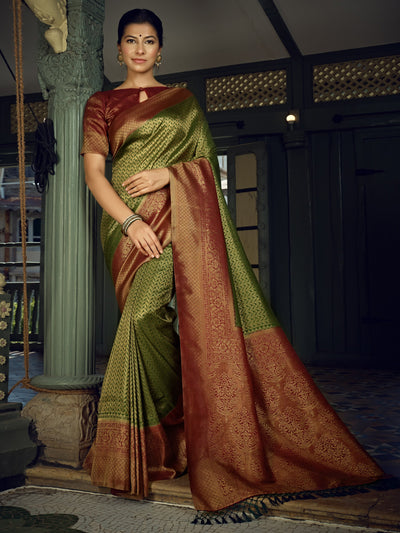 Emerald Green Golden Zari Kanjeevaram Silk Saree