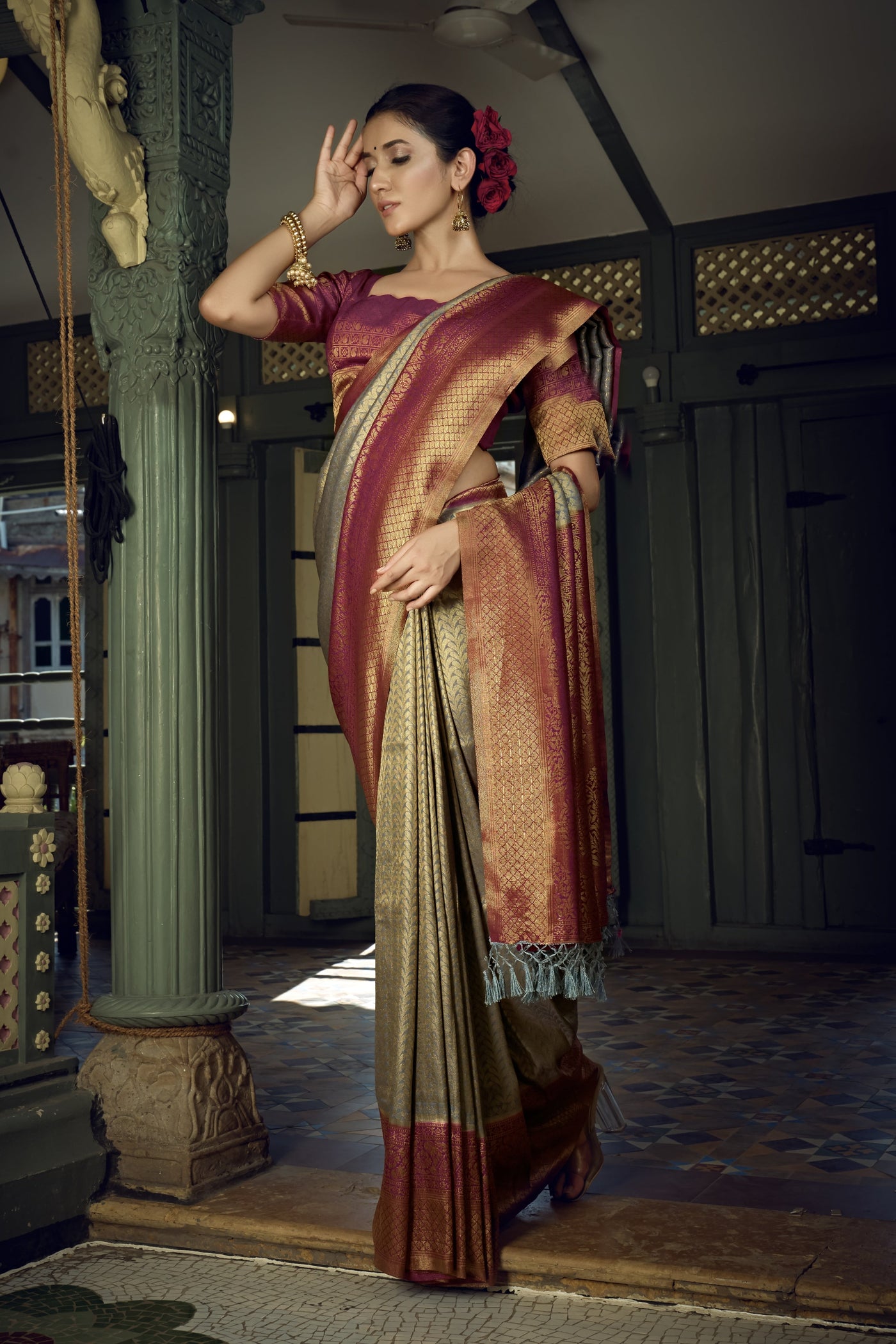 Royal Grey Golden Zari Kanjeevaram Silk Saree