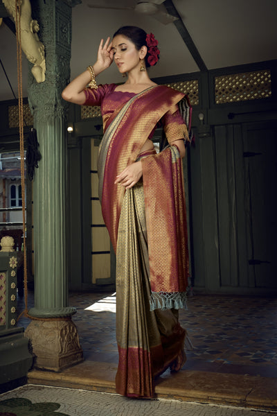 Royal Grey Golden Zari Kanjeevaram Silk Saree