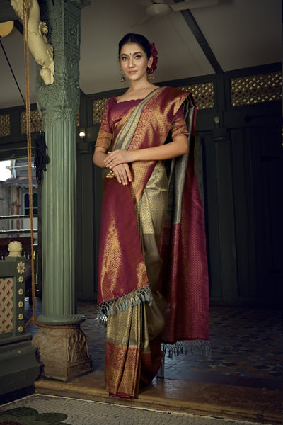 Royal Grey Golden Zari Kanjeevaram Silk Saree