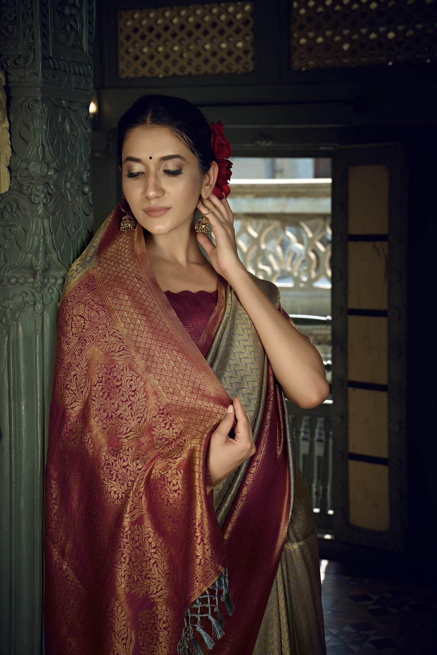 Royal Grey Golden Zari Kanjeevaram Silk Saree