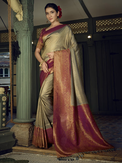 Royal Grey Golden Zari Kanjeevaram Silk Saree