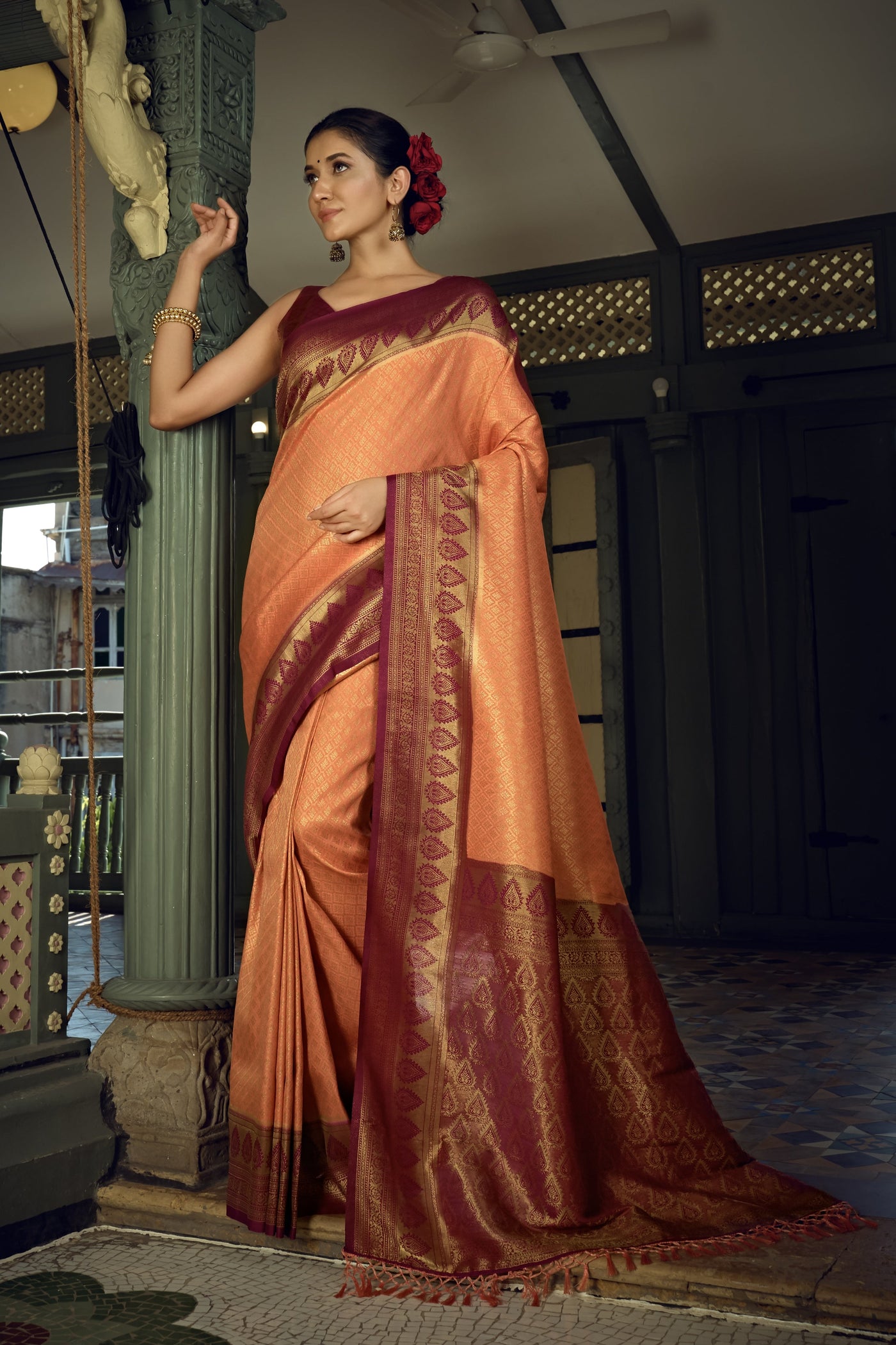 Peach Yellow Golden Zari Kanjeevaram Silk Saree