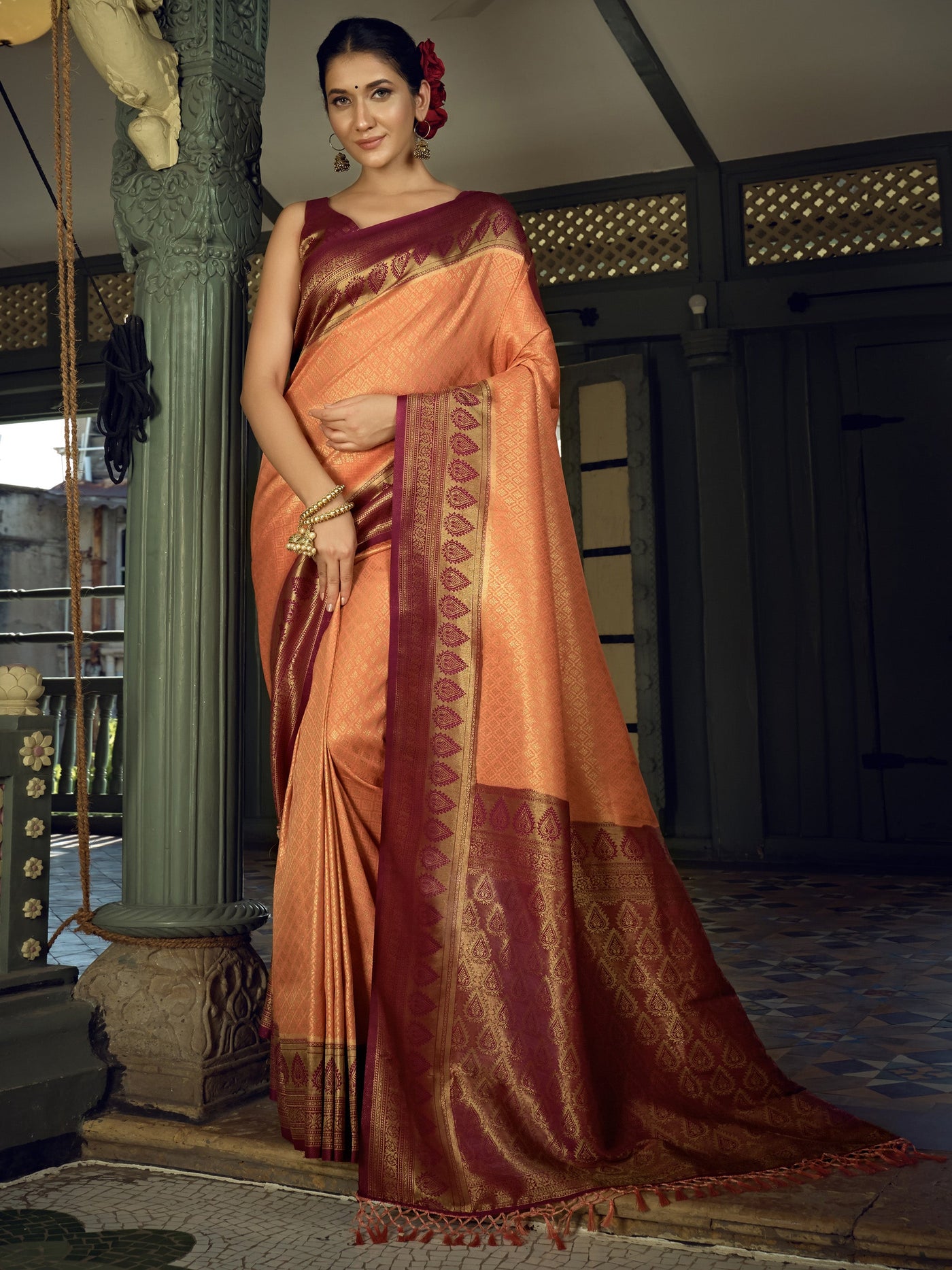 Peach Yellow Golden Zari Kanjeevaram Silk Saree