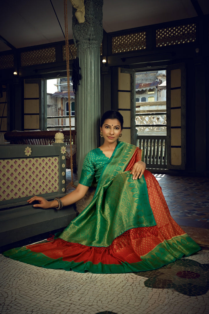Crimson Red Golden Zari Kanjeevaram Silk Saree - House of Vardha