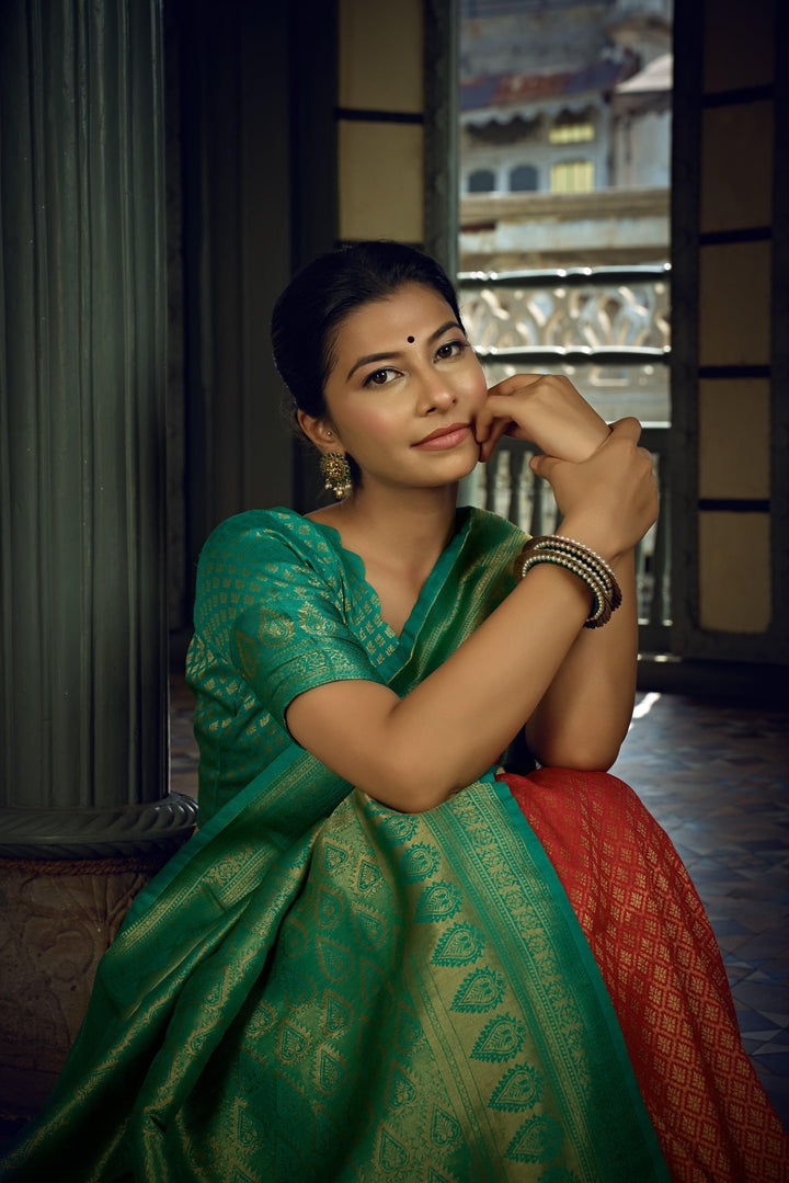 Crimson Red Golden Zari Kanjeevaram Silk Saree - House of Vardha