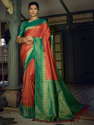 Crimson Red Golden Zari Kanjeevaram Silk Saree - House of Vardha