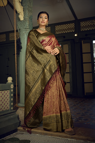 Wine Golden Zari Kanjeevaram Silk Saree