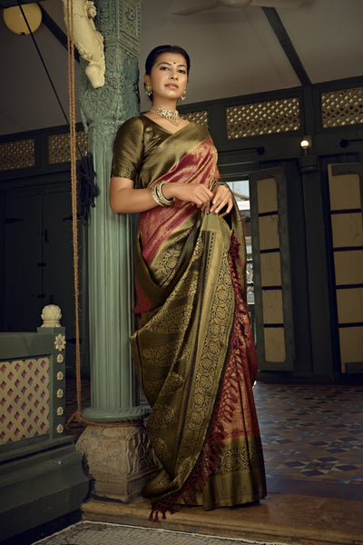 Wine Golden Zari Kanjeevaram Silk Saree