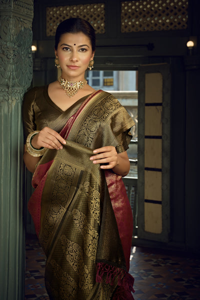 Wine Golden Zari Kanjeevaram Silk Saree