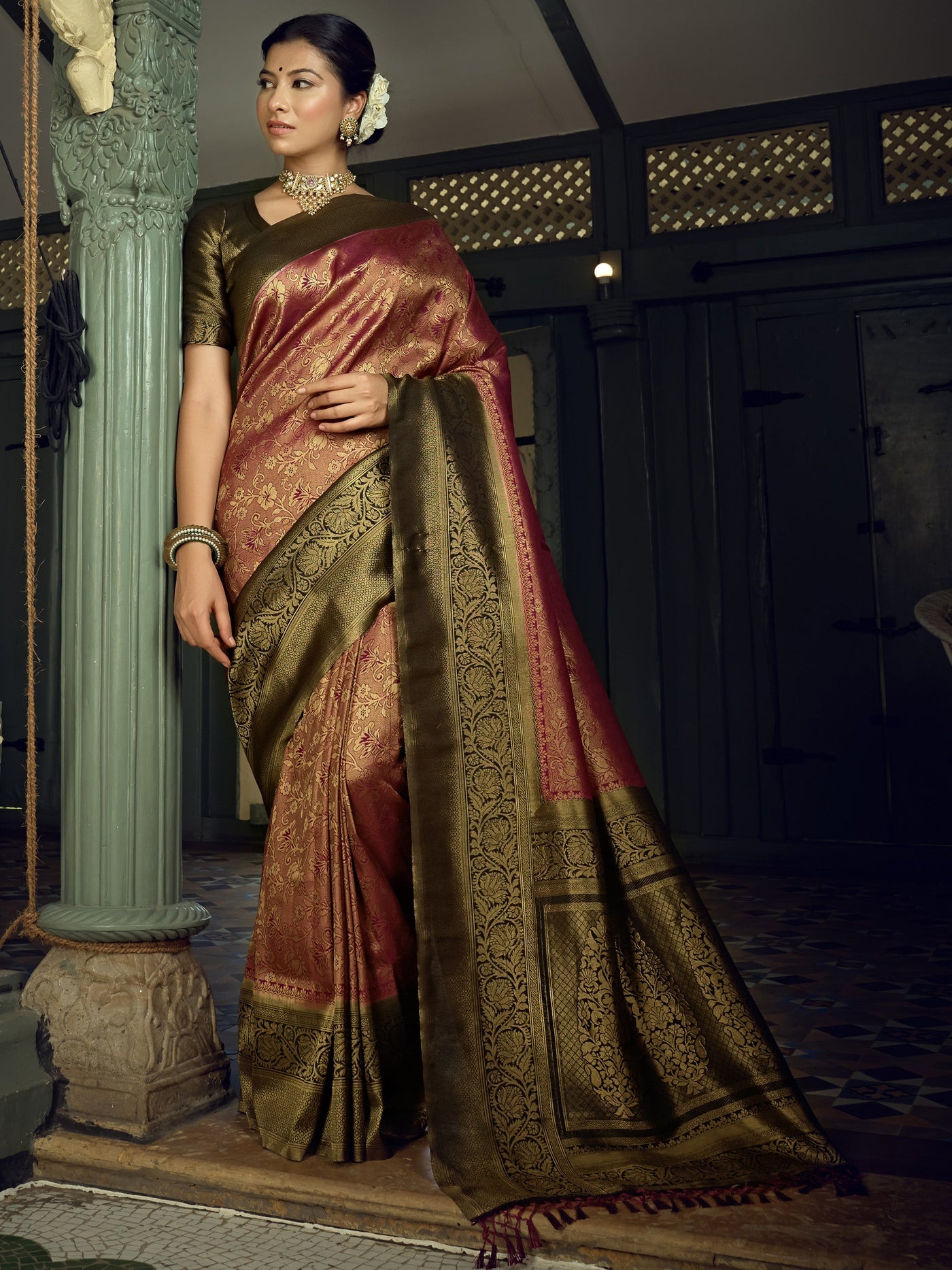 Wine Golden Zari Kanjeevaram Silk Saree