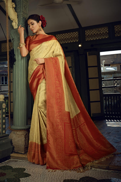 Cream White Golden Zari Kanjeevaram Silk Saree - House of Vardha