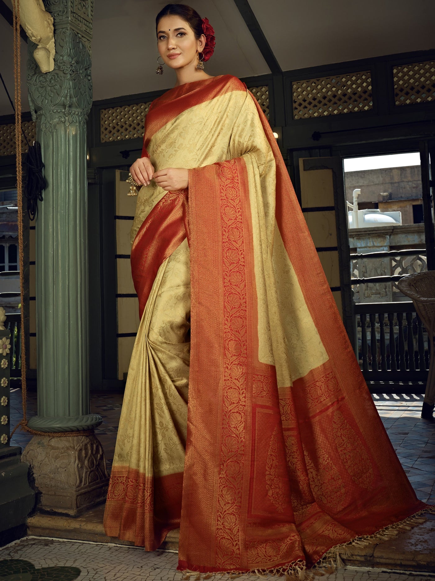 Cream White Golden Zari Kanjeevaram Silk Saree - House of Vardha