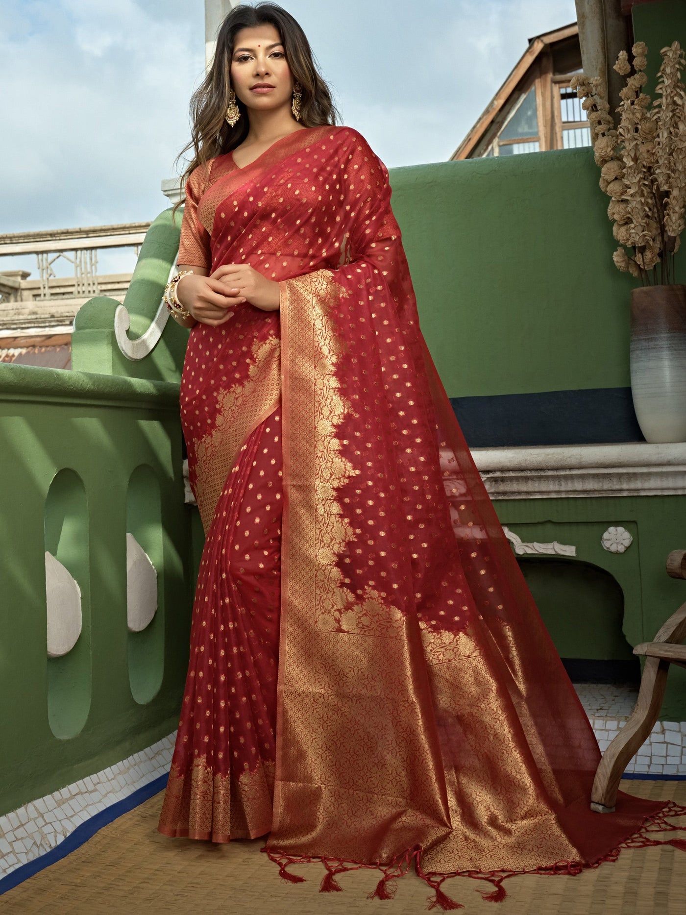 Apple Red Banarasi - Organza Saree - House of Vardha