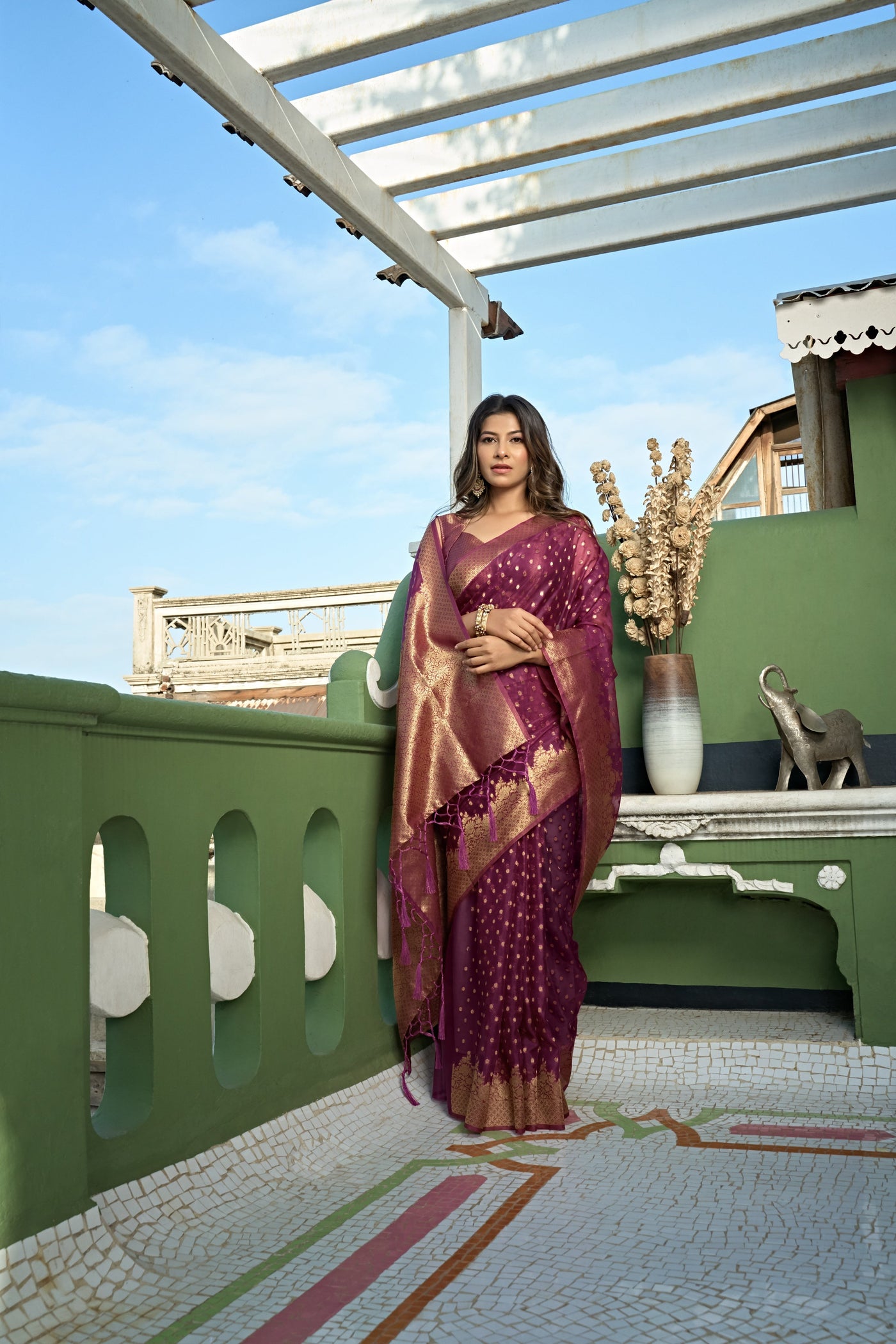 Wine Golden Zari Banarasi Organza Saree | House of Vardha