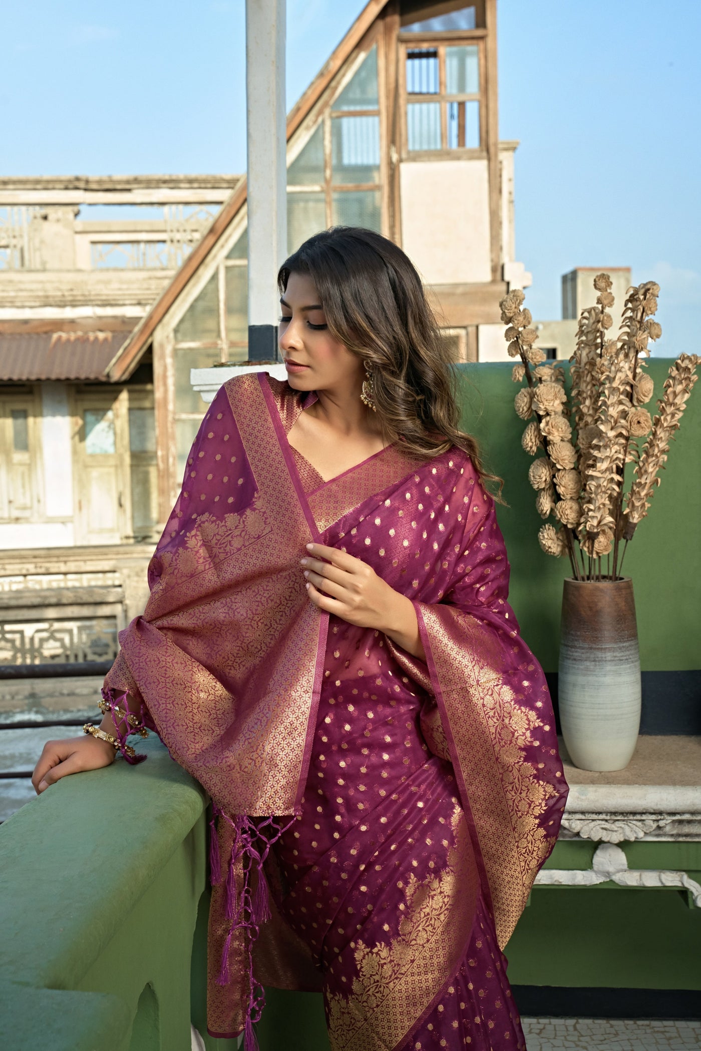 Wine Golden Zari Banarasi Organza Saree | House of Vardha