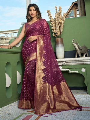 Wine Golden Zari Banarasi Organza Saree | House of Vardha