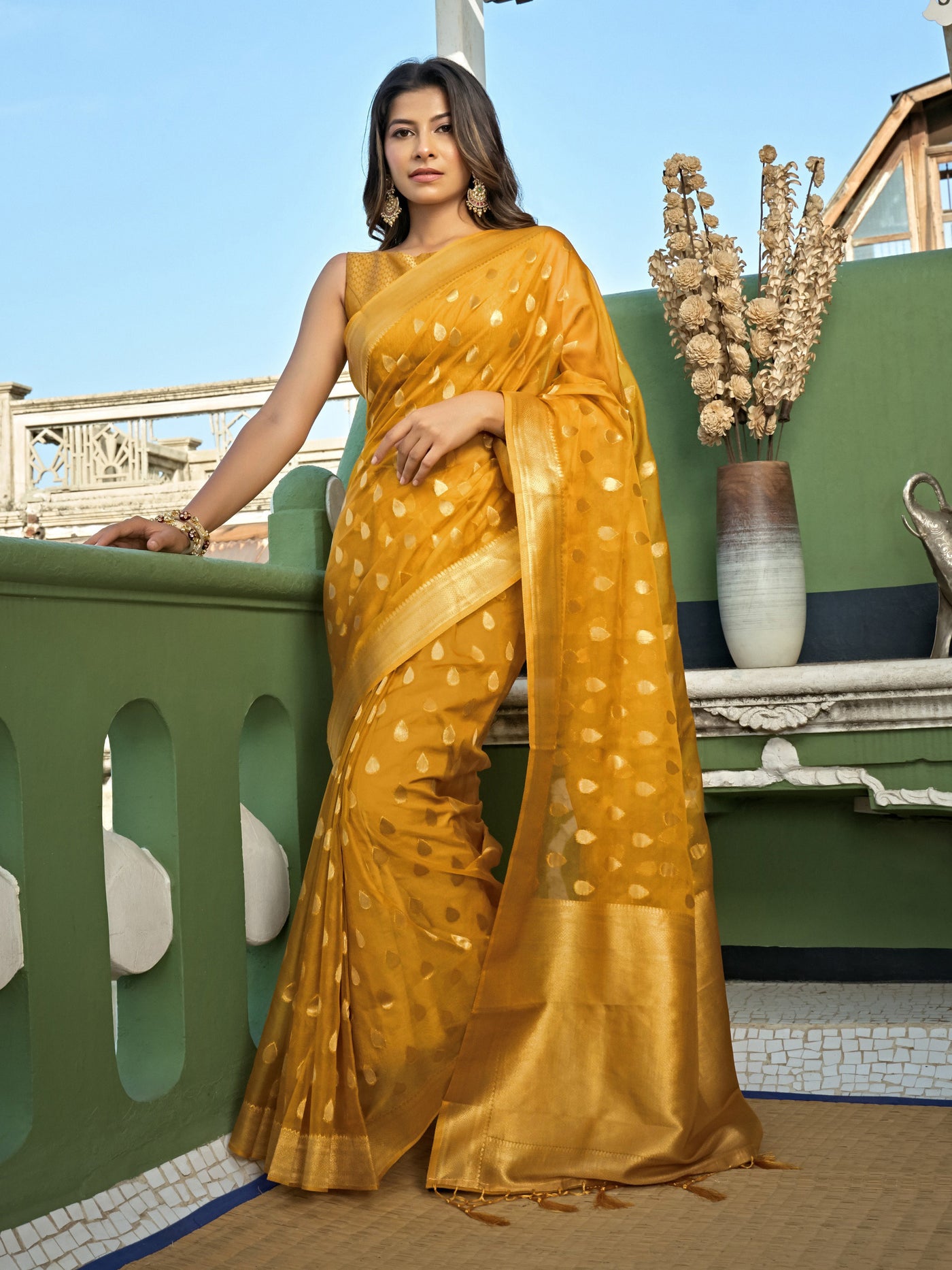 Amber Yellow Golden Zari Banarasi Organza Saree