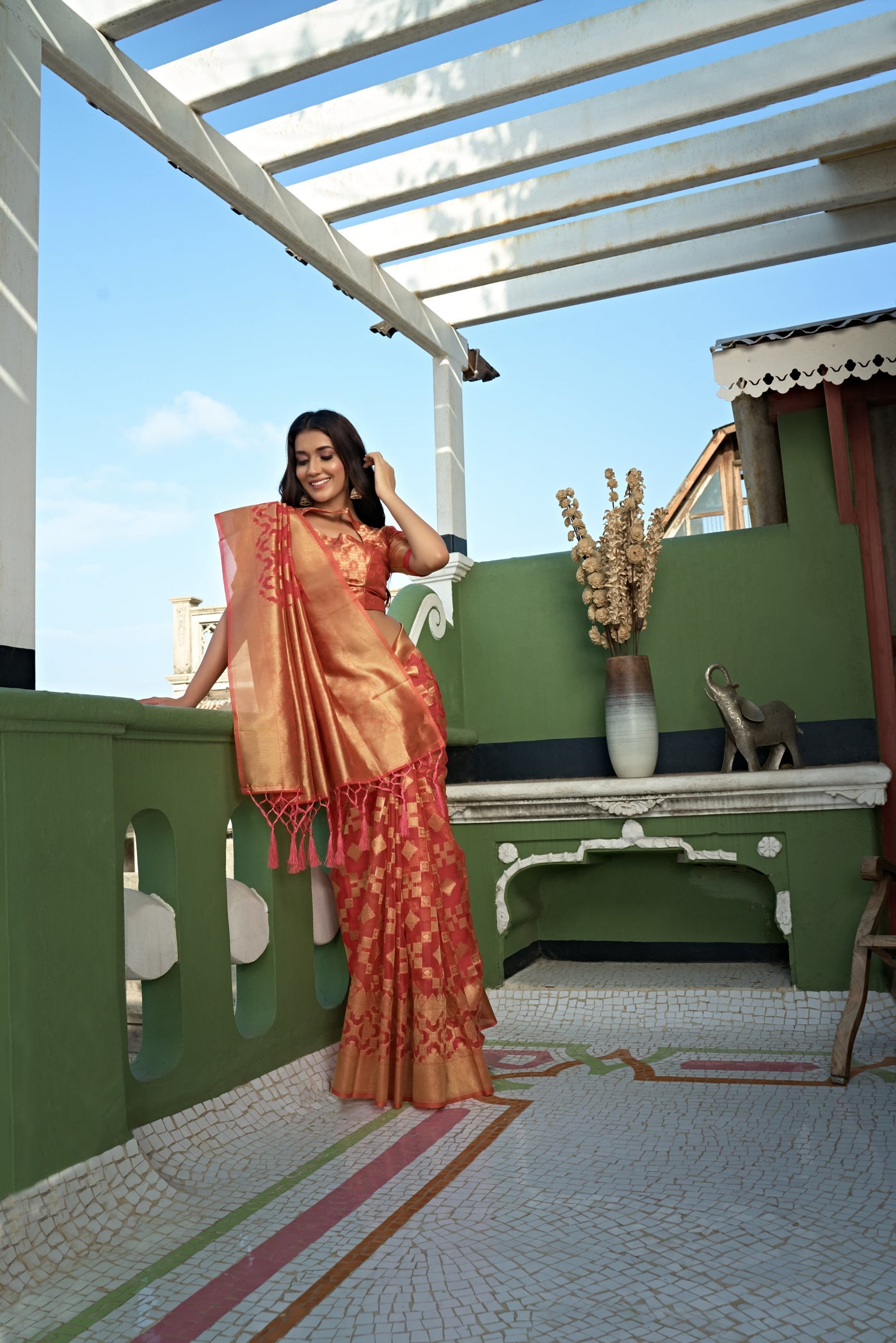 Tangerine Orange Golden Zari Banarasi Organza Saree | House of Vardha