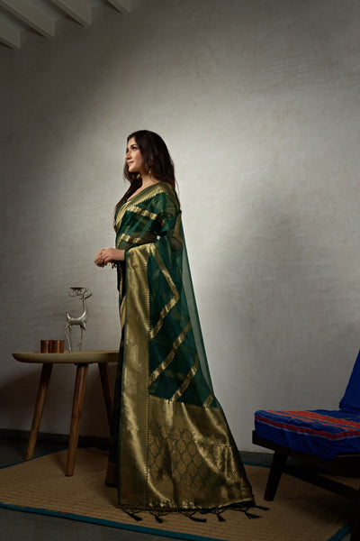 Emerald Green Golden Zari Banarasi Organza Silk Saree | House of Vardha