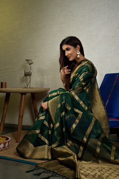 Emerald Green Golden Zari Banarasi Organza Silk Saree | House of Vardha