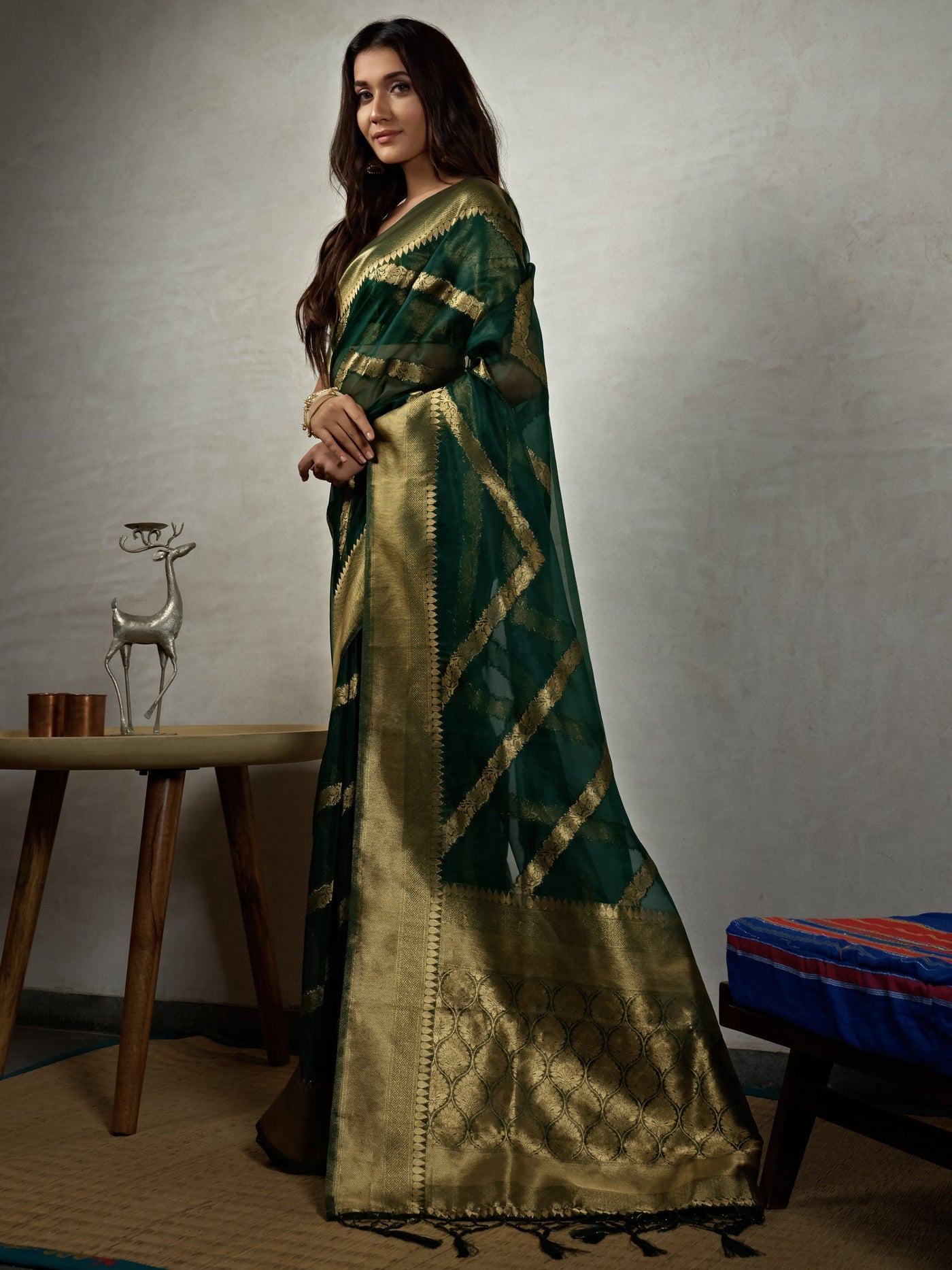 Emerald Green Golden Zari Banarasi Organza Silk Saree | House of Vardha