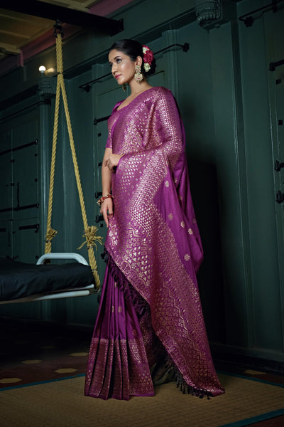 Byzantium Purple Golden Zari Banarasi Silk Saree - House of Vardha