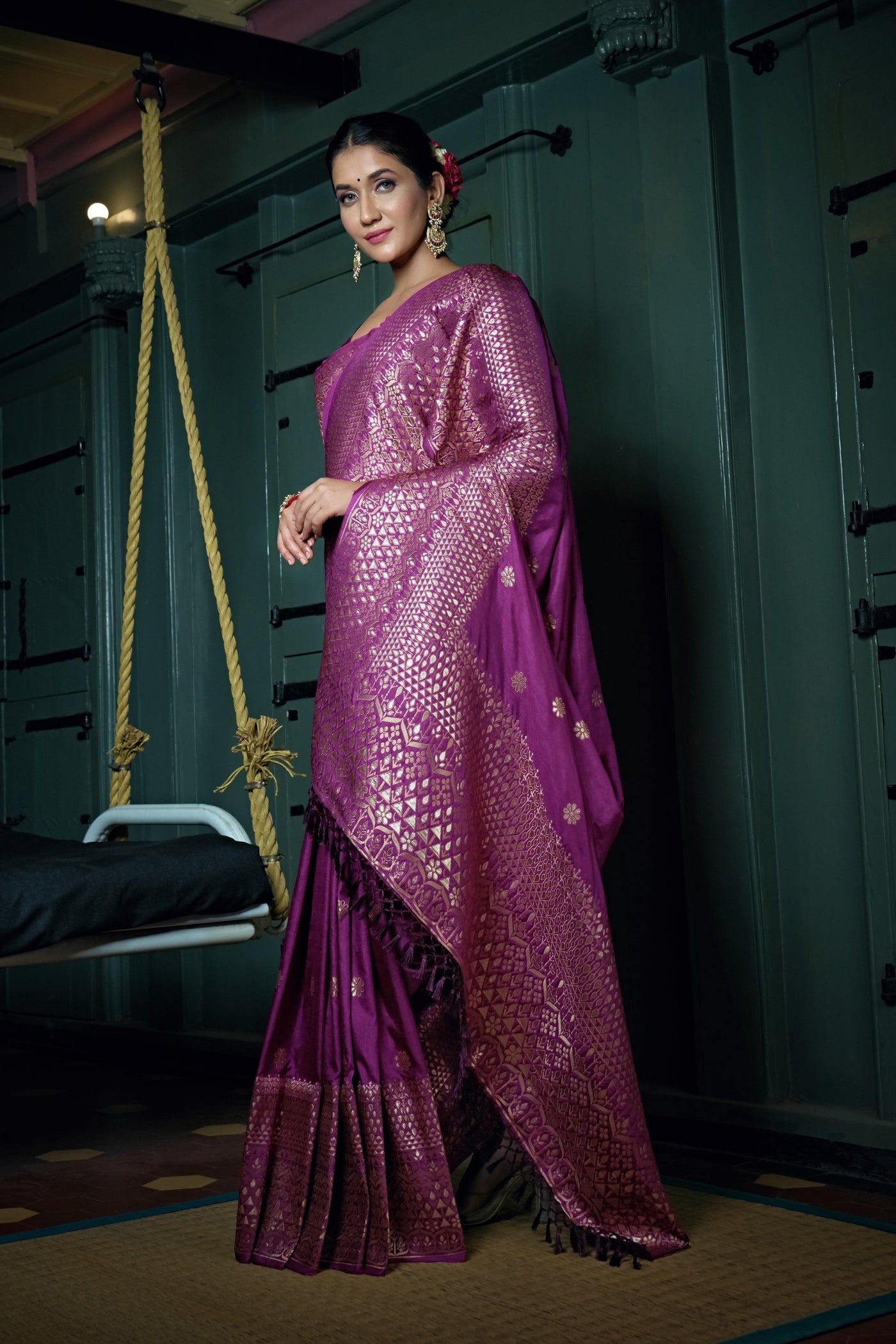 Byzantium Purple Golden Zari Banarasi Silk Saree - House of Vardha