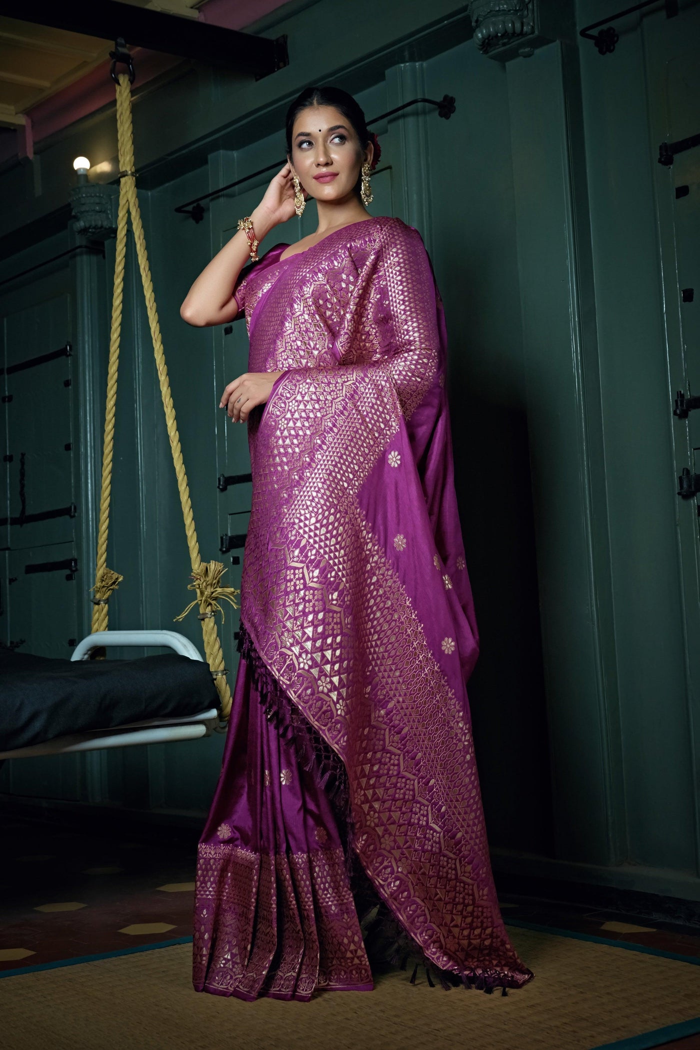 Byzantium Purple Golden Zari Banarasi Silk Saree - House of Vardha