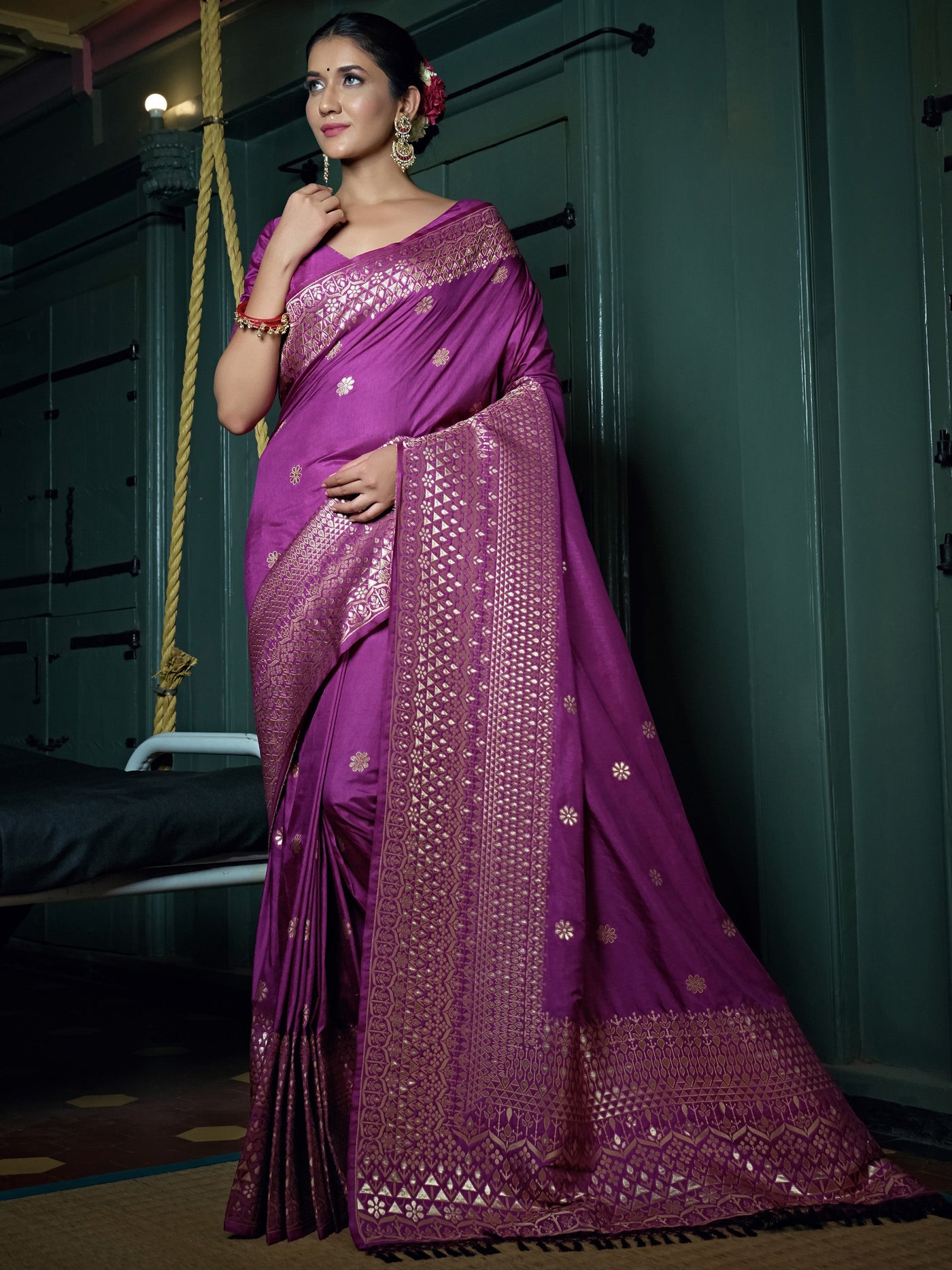 Byzantium Purple Golden Zari Banarasi Silk Saree - House of Vardha