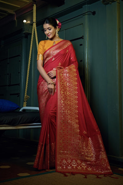 Crimson Red Golden Zari Banarasi Silk Saree - House of Vardha