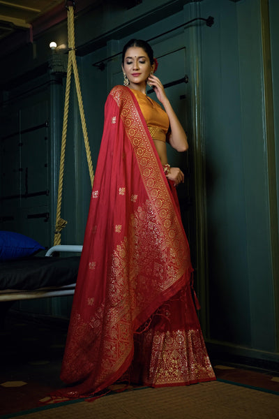 Crimson Red Golden Zari Banarasi Silk Saree - House of Vardha